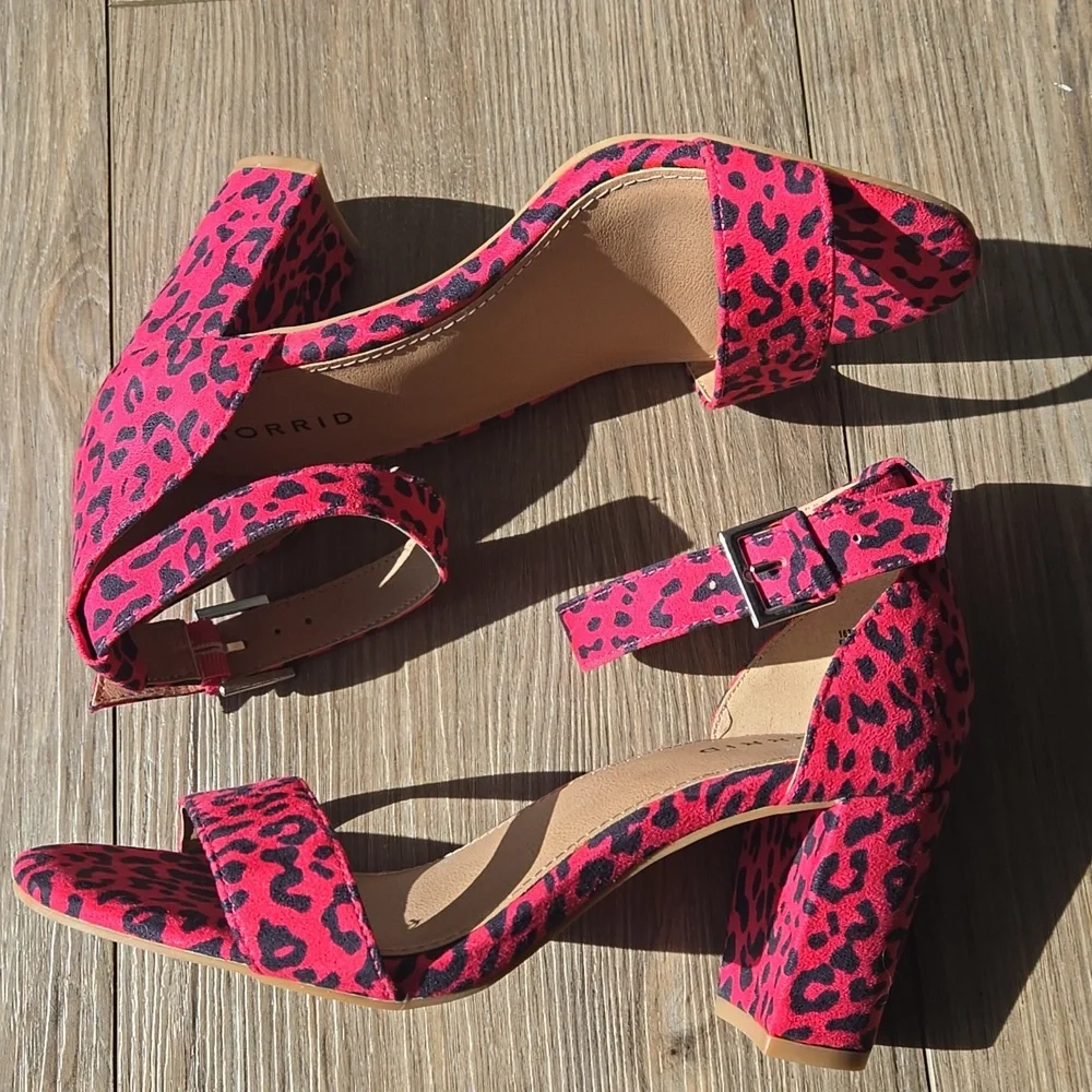 Torrid Hot Pink Leopard Print Heeled Open Toe Shoe - Picture 6 of 8